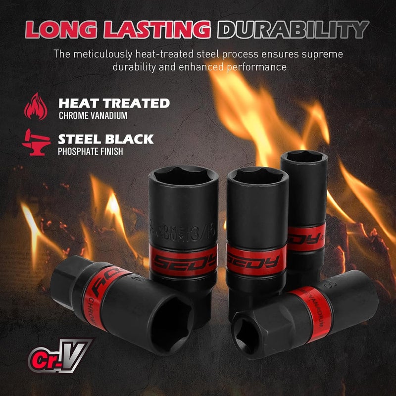 SEDY 8-Piece 3/8''-Drive Spark Plug Socket Set, Impact Spark Plug Socket Set with Magnetic Rail, SAE & Metric, 5/8-inch, 3/4-inch, 13/16-inch, 14mm, 18mm, Extension Bars, Universal Joint - Image 4